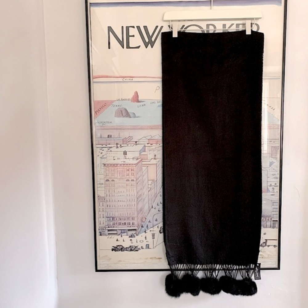 NWT Lord and Taylor black scarf with rabbit fur ball details